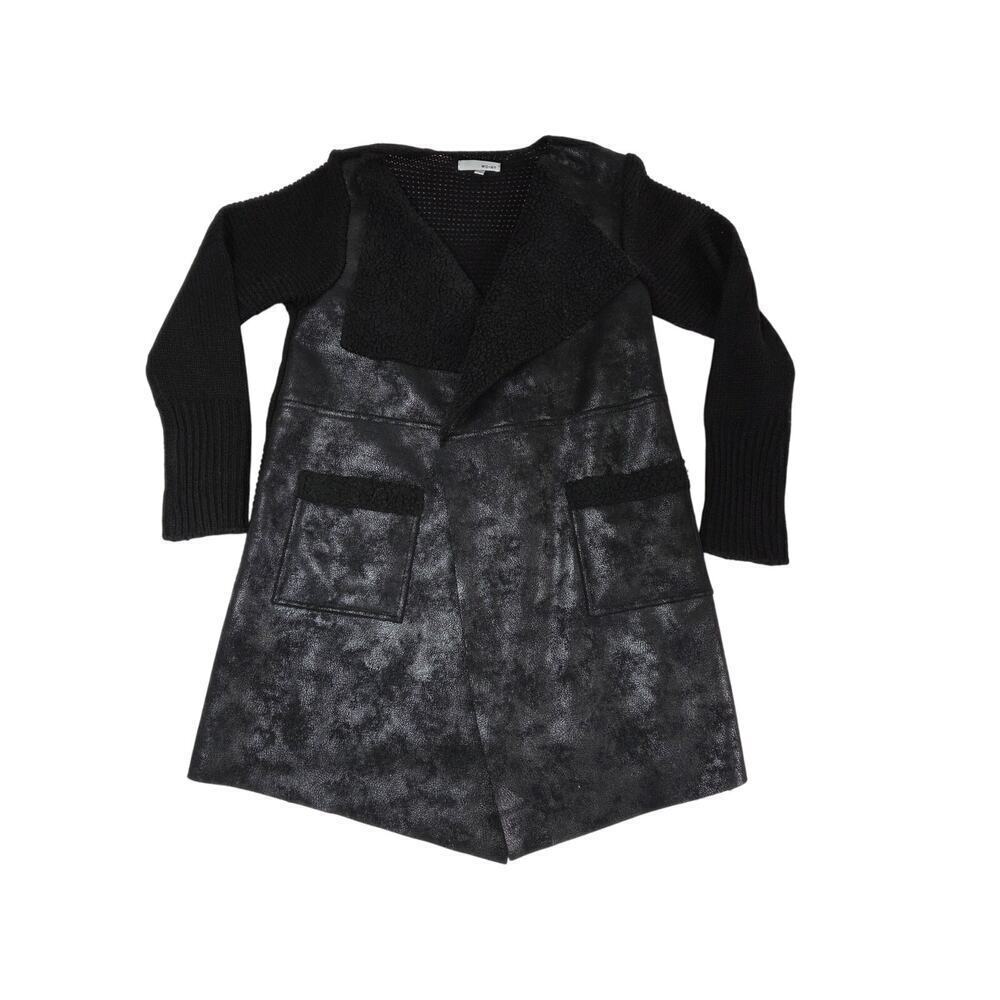 WD.NY Open Front Sweater Jacket L Faux Leather Trim Asymmetrical Hem